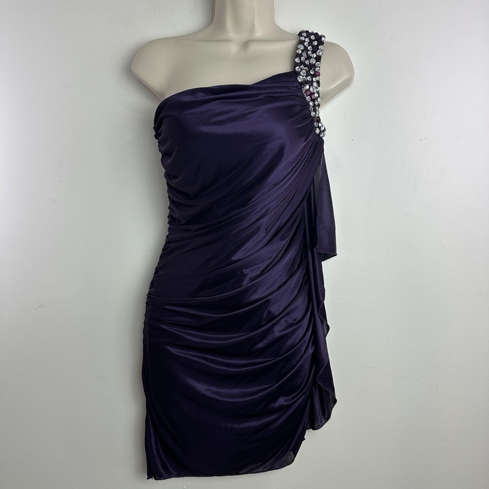 Y2K Speechless One Shoulder Beaded Ruched Satin Dress Size S Purple Flower Fairy